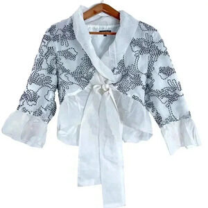 Samuel Dong Silk Black and White Embroidered Abstract Design Blouse Size M